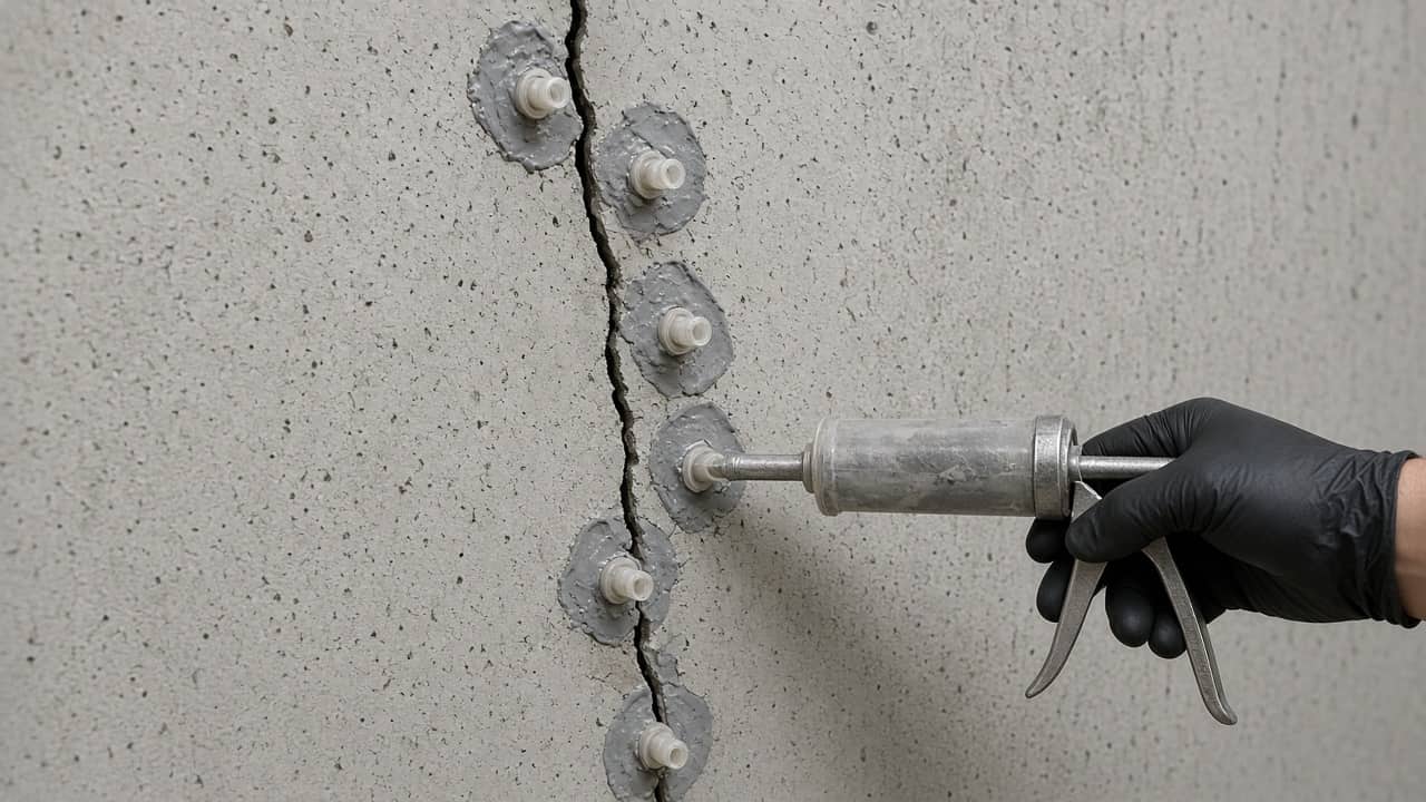 Vertical crack in a poured concrete wall with injection ports along it