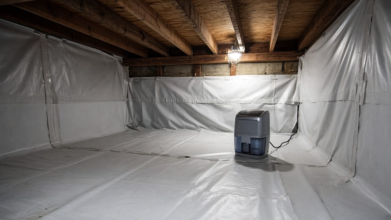 White vapor barrier on a crawl space floor and walls with a dehumidifier