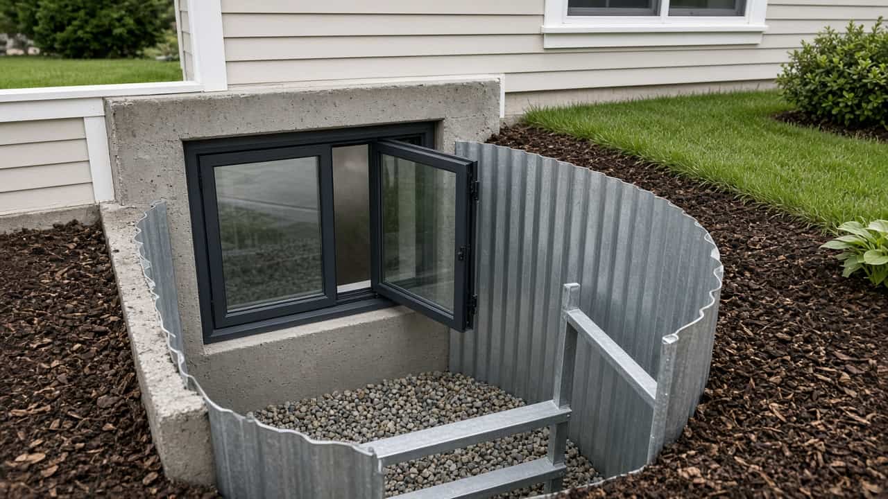 Basement casement window with a galvanized window well and ladder