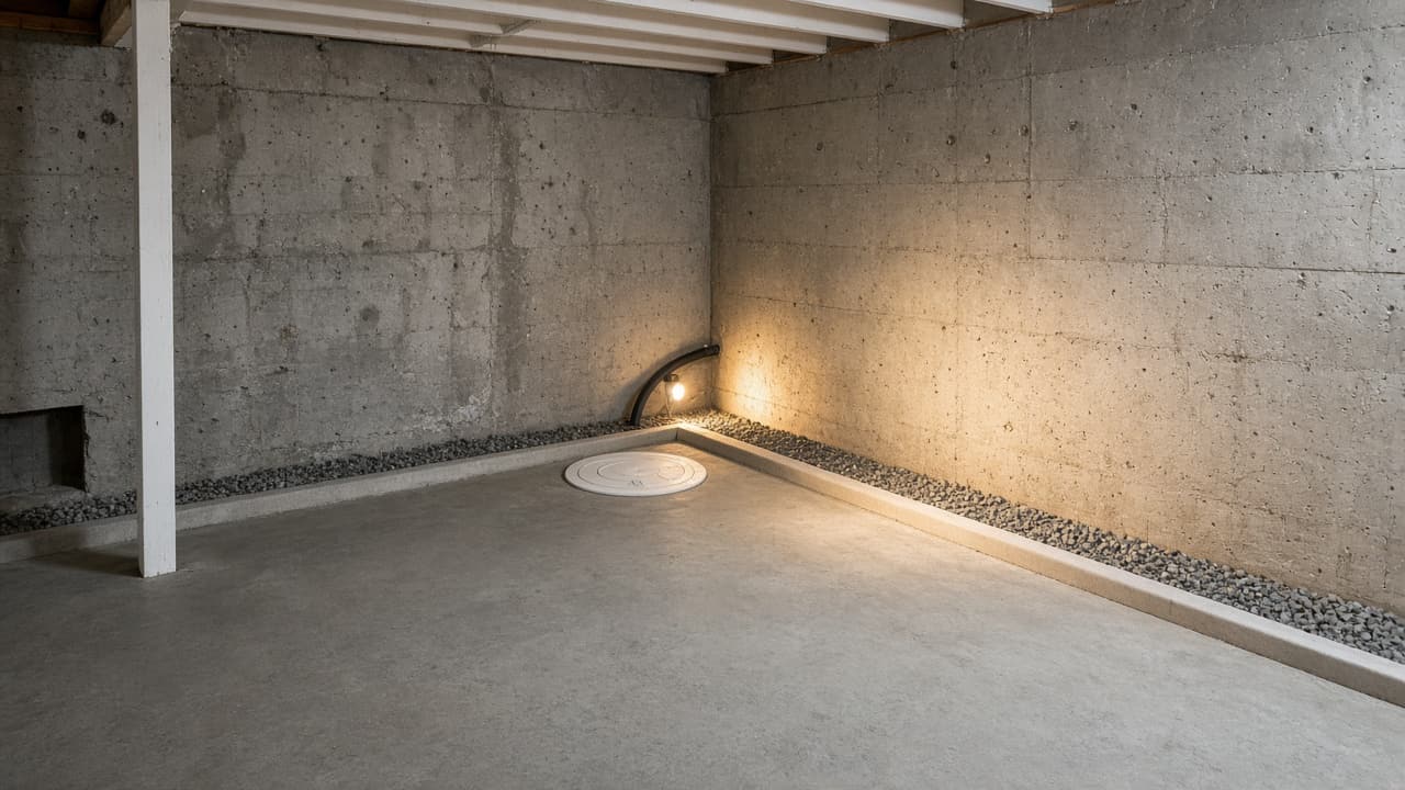 Dry poured-concrete basement with a gravel-edged perimeter channel and a sump lid