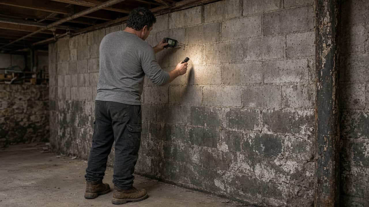 Technician seen from behind checking a block wall with a moisture meter