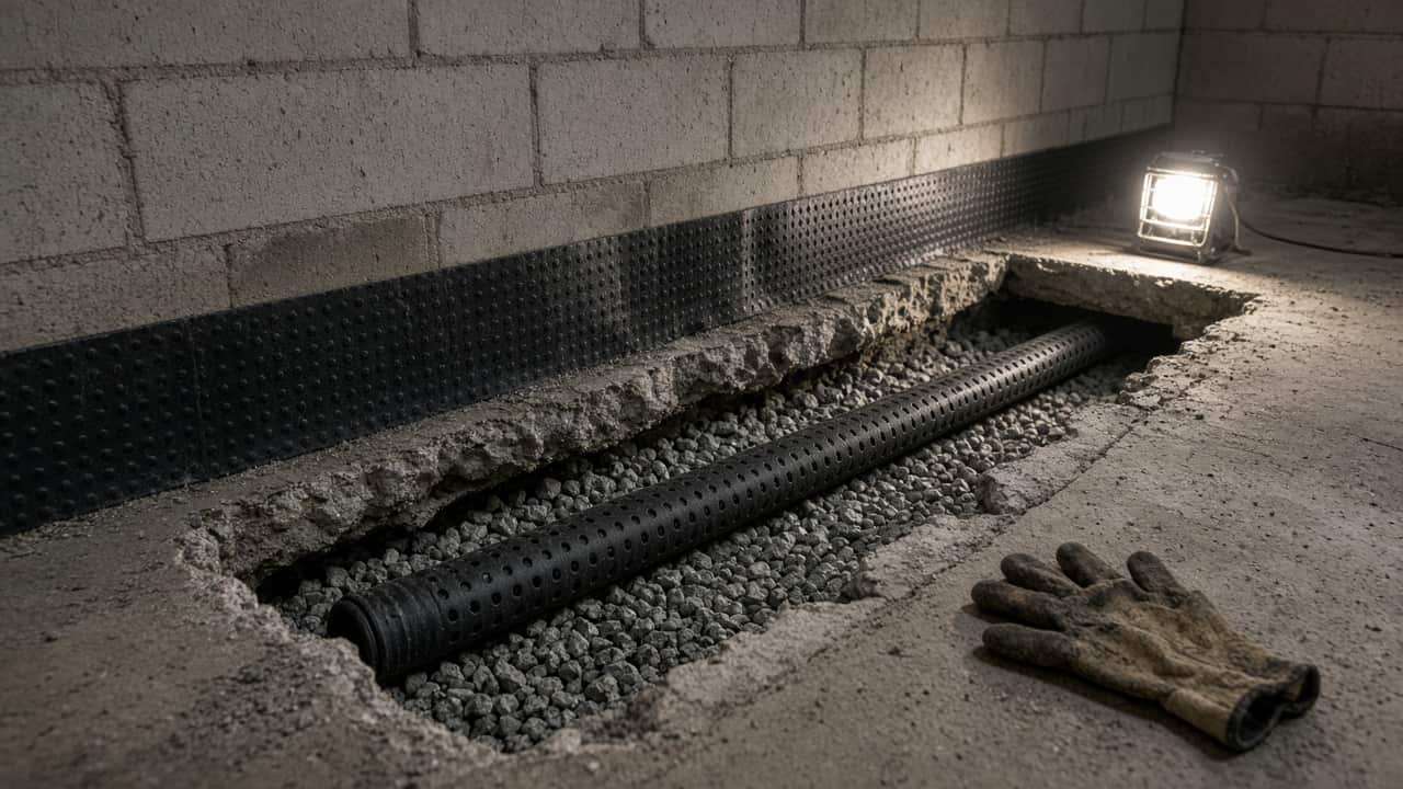 Trench along a block wall with perforated pipe in gravel and dimpled membrane