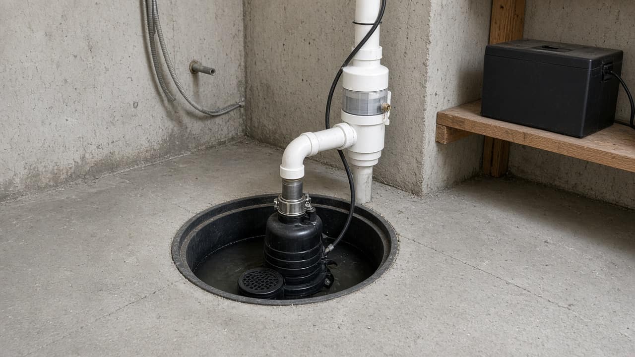 Submersible pump in a basin with PVC discharge, check valve and a battery box