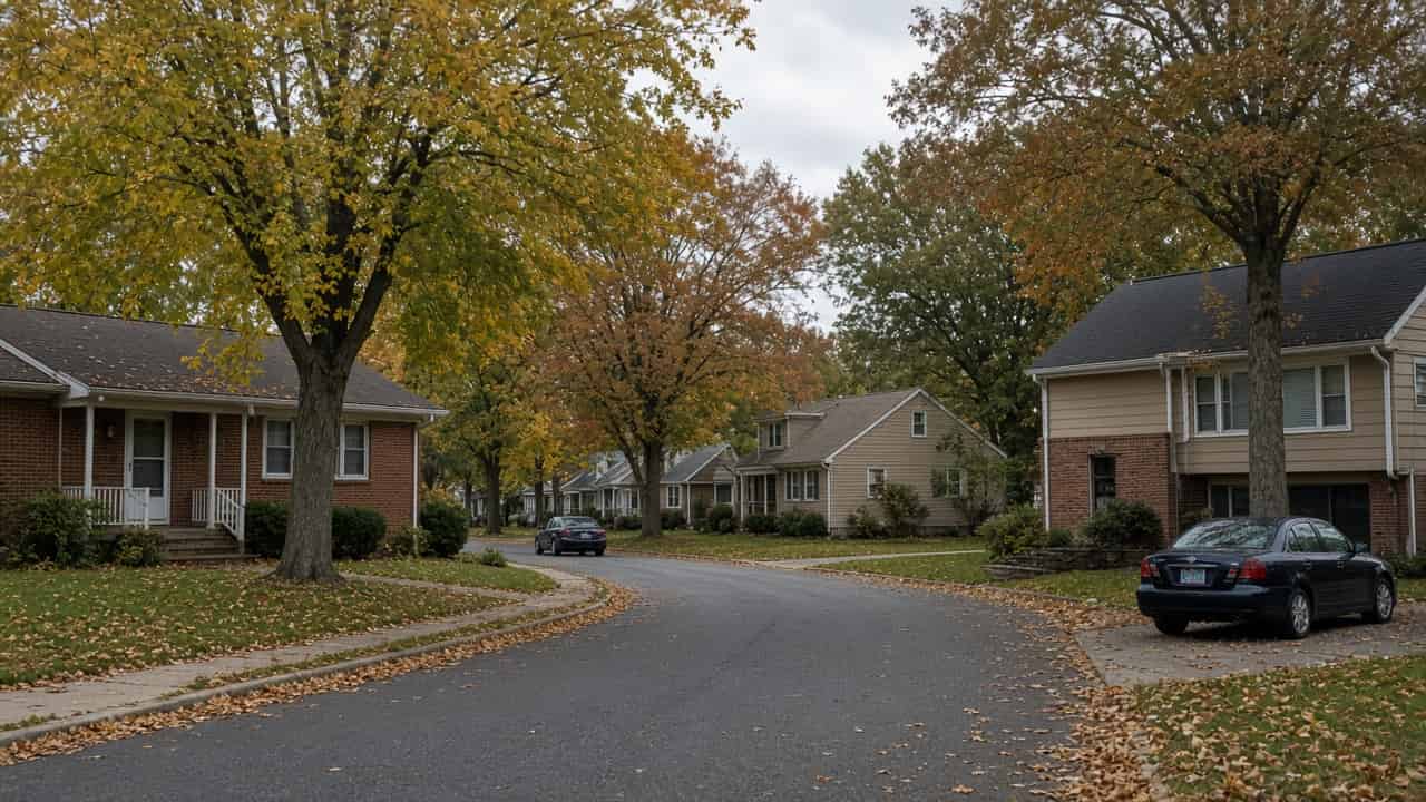 Tree-lined suburban street with brick and sided houses in autumn