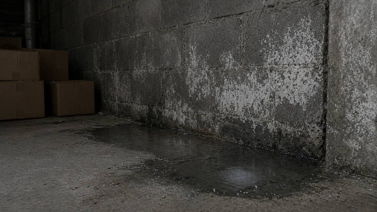 Water at the floor joint of a block wall with white efflorescence